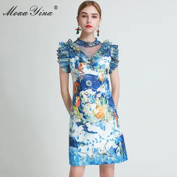 MoaaYina Mados Dizaineris suknelė Vasaros Moterų Suknelė Raukiniai Abstrakčių Gėlių Spausdinti Brangioji Suknelės