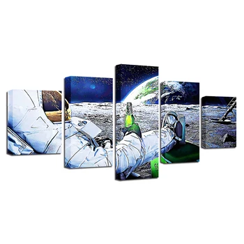Modulinė Drobės nuotraukų Rėmelis 5 Gabalus HD Spausdinti Astronautas Gerti Alaus Ir Žemės Planetos Meno Tapybos Kambarį Sienų Dekoras Plakatas