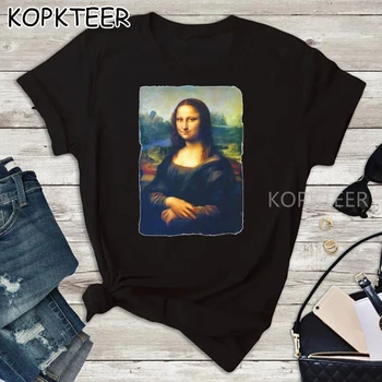 Mona Lisa Naujo Dizaino Vasaros Trumpos Rankovės, Juodos Spalvos Moteriški Marškinėliai Mados Marškinėliai T-Shirt Estetinės Moterų Tees Viršūnės