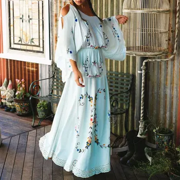 Moterų Boho Vestidos Gėlių Multi Siuvinėjimo Moterų Suknelė Palace stiliaus Elegantiška Balta Atsitiktinis Palaidų Maxi Suknelė, Prašmatnus Hipių Suknelės