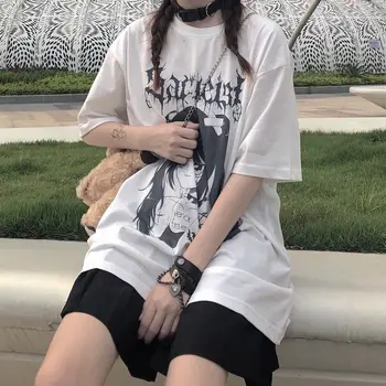 Moterų Harajuku Goth Estetinės Medvilnės marškinėliai trumpomis Rankovėmis O-kaklo Black Print Rašyti Derliaus Streetwear Punk Negabaritinių Viršūnes 2021