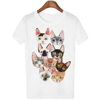 Moterų Kwaii Katė Spausdinti Harajuku Tee Marškinėliai Balti Mielas Animacinių filmų Gyvūnų marškinėliai Tumblrs Plius Dydis WMT233