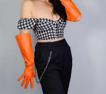 Moterų mados plačios rankovės dirbtiniais pu odos pirštinės lady klubo veiklos oficialų šalies odos oranžinės spalvos pirštinės 38cm R2574