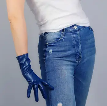 Moterų mados tamsiai mėlyna plačios rankovės dirbtiniais pu odos pirštinės lady klubo veiklos oficialų šalies odos ilgos pirštinės 38cm R2591