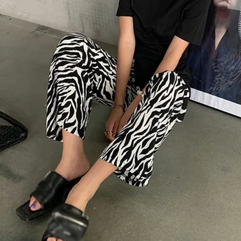 Moterų Mid-waisted Plonas Zebra Modelis Laukinių Apmušalas Mopping Kelnės Mados Atsitiktinis Palaidų Plataus kojų Kelnės