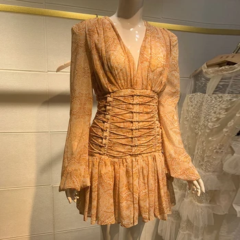 Moterų Nėriniai Korsetas Suknelė Vasaros Gėlių Spausdinti Žibintų Rankovėmis Aukštos Juosmens Šifono Tunika Suknelė Aukščiausios Kokybės 2021