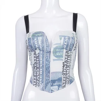 Moterų Sexy Fashion Top Pinigų Dolerio Spausdinimo V Kaklo T-Shirt Off-Pečių Stebėjimo Juosmens Wrap Apkarpyti Viršūnes su Nugaros Zip Atvira