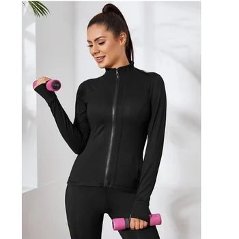 Moterų universalus long sleeve top užtrauktukas cardigan veikia fitneso vėjo šilta striukė juoda stora sporto kvėpuojantis Jogos kostiumas