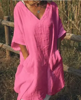 Moterų V-kaklo Boho Pusė Rankovių Vasaros Sundress Ponios Prarasti Atsitiktinis Paplūdimio Suknelė Marškiniai Plius Dydis