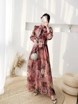 Moterų šifono suknelė elegantiškas suknelė vasaros 2020 dizaineris vintage mados gėlių spausdinti žibintų rankovės lankas apykaklės ilgai suknelės rožinė