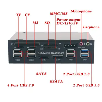Multi-Funkcija USB 3.0 Hub ESATA SATA Prievado Vidinis Kortelių Skaitytuvas Media PC Priekinio Skydelio Audio SD, MS, CF TF M2 MMC Atminties Kortelės
