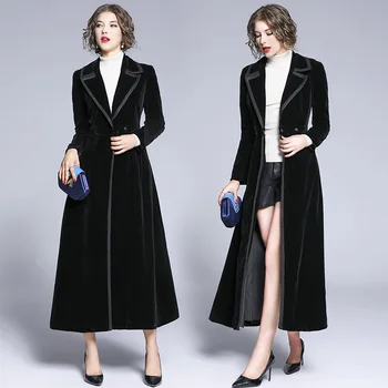 Nauja rudens ir žiemos moterų high-end temperamentas slim striukė juoda aksomo vidutinio ilgio tranšėjos paltai