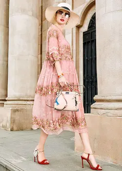 Nauja vasaros Moterų Paplūdimio vėjo Šilko siuvinėjimo Rožinė suknelė O-kaklo Septynių ketvirčių rankovės lady elegantiškas Prarasti juosmens suknelė S-XL