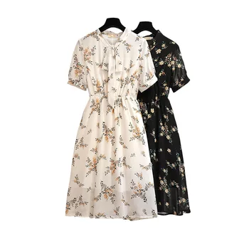 Nauja vasaros plius dydis suknelė moterims trumpomis rankovėmis atsitiktinis palaidų gėlių spausdinti gėlių šifono suknelė juoda balta 3XL 4XL 5XL 6XL 7XL