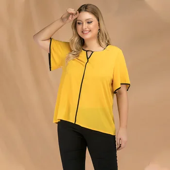 Naujas 2021 ponios vasaros plius dydis viršūnes moterų didelės palaidinė trumpomis rankovėmis atsitiktinis palaidų geltona V-kaklo marškinėliai 4XL 5XL 6XL 7XL