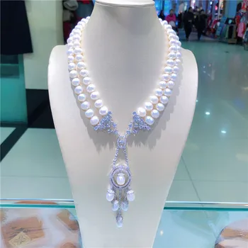 Naujas stilius gamtos 2rows 9-10mm baltos spalvos gėlavandenių perlų micro apdaila cirkonis aksesuarų, bižuterijos karoliai