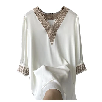 Naujas šilko Palaidinės & Marškinėliai prekės nesigaili aukštos klasės sunkiųjų moterų siuvinėjimas v-kaklo mulberry šilko trumpomis rankovėmis
