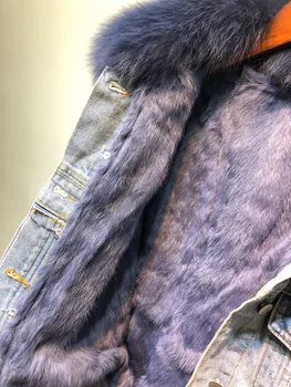 Nekilnojamojo Lapės kailis storas, šiltas džinsinis parkas moterų žiemos mados negabaritinių nekilnojamojo triušio kailio įdėklas nuimamas kailio paminkštintas šiltas kailis F462