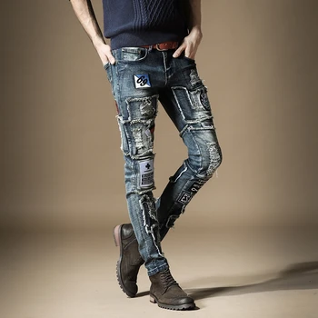 Nemokamas Pristatymas Naujos vyriški vyrai džinsinio audinio džinsus Rudenį išsiuvinėti plonas kojų kelnės mados hip-hop, rock banga atsitiktinis kelnės 73%medvilnė