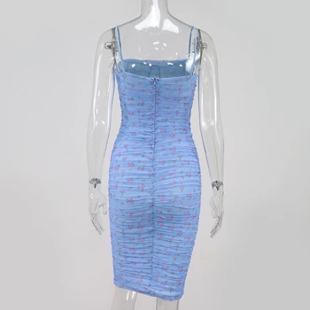 NewAsia Akių Moterų Suknelė Vasaros 2020 Spagečiai Dirželiai Kelio ilgis Elegantiška Suknelė Slim Fit Gėlių Spausdinti Ruched Suknelės Mėlyna