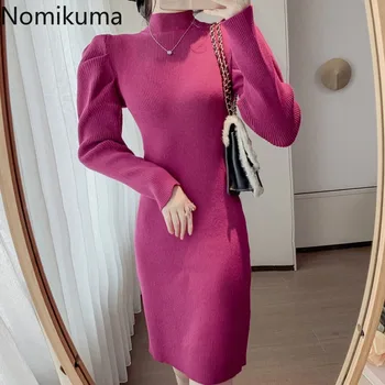 Nomikuma Elegantiškas vientisos Spalvos Mini Suknelės Naujas Prašmatnus Visas rungtynes korėjos Stiliaus Sluoksniuotos Rankovėmis Suknelė Moterų Temperamentas Vestidos 3d907