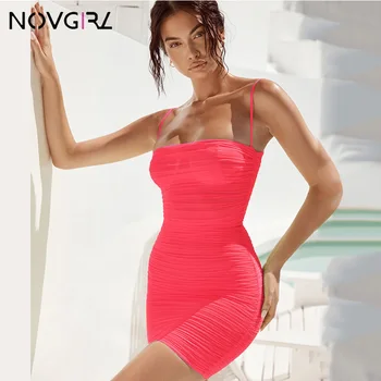 Novgirl Neoninė Žalia Akių Šalis Suknelė Moterims 2019 M. Vasarą Dirželis Backless Seksualus Bodycon Suknelės Paplūdimio Ruched Mini Vestidos