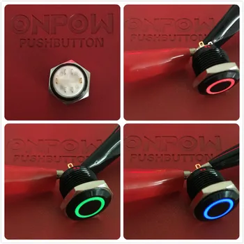 ONPOW 16mm RGB tri-spalva juoda pluta mygtukas jungiklis GQ16F-10E/J/42RGB/12V/A