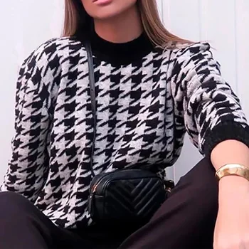 Pavasario Geometrinis moteriški Megztiniai Houndstooth O-Kaklo Moterų Megztinis 2021 Žiemos Retro korėjos Ponios Megztinis Streetwear