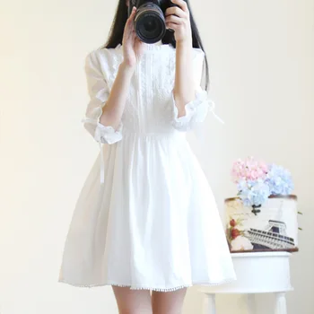 Pavasarį, Rudenį Moterys Mielas Saldus Mergina Nėrinių Pynimas Šalies Japonijos Suknelė Vasaros Aukšto Juosmens Didelis Dydis 2XL korėjos Baltas Mini Suknelės