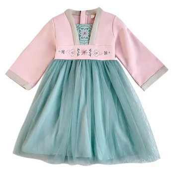 Pavasarį Vaikų Mergaičių Hanfu Suknelė Mielas Išsiuvinėti Akių Princesė Siūlės Ilgio Rankovėmis Suknelė 1-7T