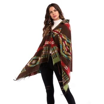 PGSD Nauja Rudens žiemos Nacionalinės stiliaus geometrinis modelis Moterų megzti kutai apsiaustu Prarasti Gobtuvu skara megztinis didelio dydžio drabužius