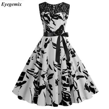 Pledas Spausdinti Vasaros Suknelės Moterims 50 60s Elegantiška Vintage Suknelė Atsitiktinis Rockabilly Nėrinių Kratinys Šalis Suknelė Plius Dydis Aukštos Juosmens