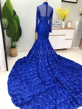 Prabanga 3D Gėlių Undinė Royal Blue Afrikos Promenadzie Suknelė ilgomis Rankovėmis Koplyčia Traukinys Zawalcowany Crystal Plus Size Baigimo Šalis Suknelė