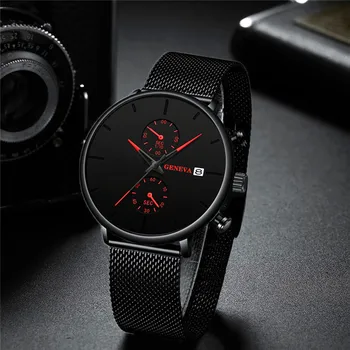 Prabanga Sporto Žiūrėti Vyrų Juoda Laikrodžiai Ženevos Visiškai Plieno Tinklelio Juostos Auto Data Kvarciniai Laikrodžiai Relogio Masculino Reloj Hombre