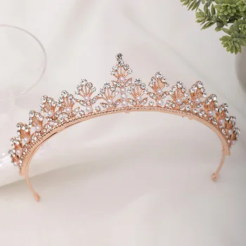Prabangus Crystal Rose Aukso Spalvos Crown Princess Inscenizacija Tiara Nuotaka Vestuvių Plaukų Aksesuarai Moterims Lankelis Headpeice LB