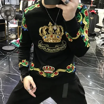 Prabangūs, Aukso, Juoda Siuvinėjimas Crown China Megztiniai Vyrams Sudadera Hombre Baroko Klubas Outwear Prakaito Homme Harajuku Palaidinukė
