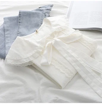 Preppy stiliaus nėrinių jungiamąją kratinys saldus varčios lankas peter pan apykaklės saldus balti marškiniai, palaidinės