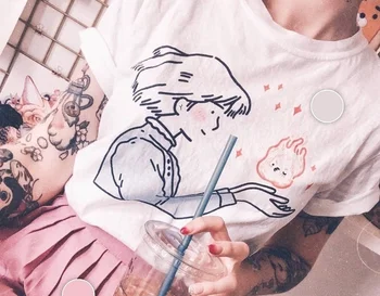PUDO-XSXSophie Bučiniai Calcife T-Shirt Moterims Tumblr Estetinės Japonų Anime Kawaii Grafinis Tee Howls Moving Castle Marškinėliai