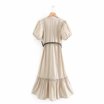 Qeils Moterų 2021 Elegantiškos Mados Su Diržo Office Dėvėti Laisvus Midi Suknelė Vintage Trys Ketvirtį Rankovės Skeltukais Moteriška Suknelė