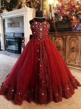 Raudona Gėlė Mergina Dress Spageti Kalnų Krištolas Aplikacijos Vestuves Tiulio Kamuolys Suknelė Be Rankovių Grindų Ilgis Princesė Mergina Suknelės