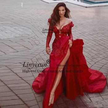 Raudona Undinėlės Prom Dresses 2020 M. Aukštos Pusę Padalinta Ilgai Vakare Suknelės Atvira Nugara Appliqued Nėrinių Ilgomis Rankovėmis Oficialią Šalies Elegantiška Suknelė