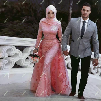 Rožinė Musulmonų Stiliaus Undinė Vestuvių Suknelės, Hijab Saudo Arabų Nuimamas Traukinio Ilgomis Rankovėmis Aukštu Kaklu Nuotakos Suknelė