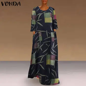 Rudens Dress 2021 VONDA Moterų Atsitiktinis O Kaklo, ilgomis Rankovėmis Derliaus Atspausdinta Suknelės Plius Dydžio Bohemijos Vestidos Femme Paplūdimio Sundress