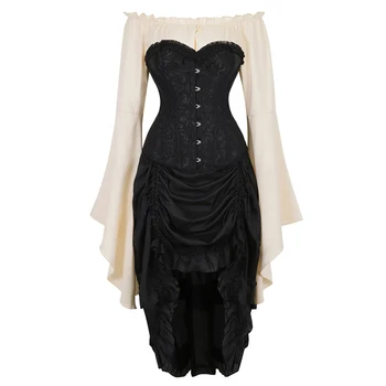 Seksualus korsetas suknelė top marškinėliai, sijonas 3 dalių kostiumas cosplay gotikos plieno kaulų korsetai bustier plius dydis parodijos viduramžių korsett