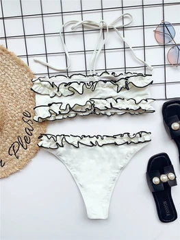 Seksualus ruched pynimas balta bikini elegantiškas dviejų dalių, 2021 m. vasaros paplūdimio maudymosi kostiumėliai, plisuotos aukštos sumažinti swimsuit moterys korėjos tailandas