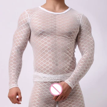 Seksualus Vyrai Diamond Skaidrus ilgomis Rankovėmis Sleepwear Akių Matyti Per Sexy O-kaklo Apatiniai Gėjų Seksualus Sleepwear