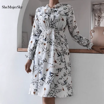 SheMujerSky Rudenį Dot Spausdinti Moterų Suknelė ilgomis Rankovėmis Lankas Apykaklės Gėlių Spausdinti A-line Dresses 