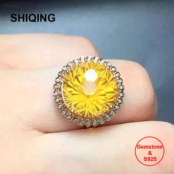 SHIQING VSS Klasės nekilnojamojo pobūdžio geltona topazas S925 juoda 12mm didelis akmuo citrinas rašė žiedas skirta moterims su pažymėjimas