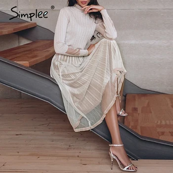 Simplee Megzti elastinga juosmens moterų sijonai-line aksomo, plisuotos midi nuosėdos Streetwear sujungimas ponios sijonas rudenį, žiemą