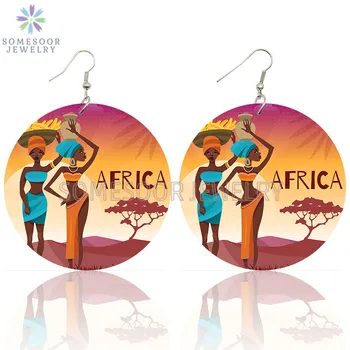 SOMESOOR Afrocentric Etninių Genčių Giesmės Menų Spausdinti Mediniai Lašas Auskarai Afrikos Būgnai Kultūros Dizaino Linijų Moterims, Dovanos